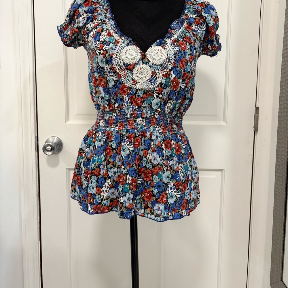 Forever 21 Y2Kβ Floral Babydoll Top Puff Sleeve Crochet Boho Chic Smocked Sz L
